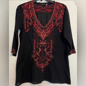 Johnny Was Black Tunic Blouse with Red Embroidered Paisley 3/4” sleeve Size S
